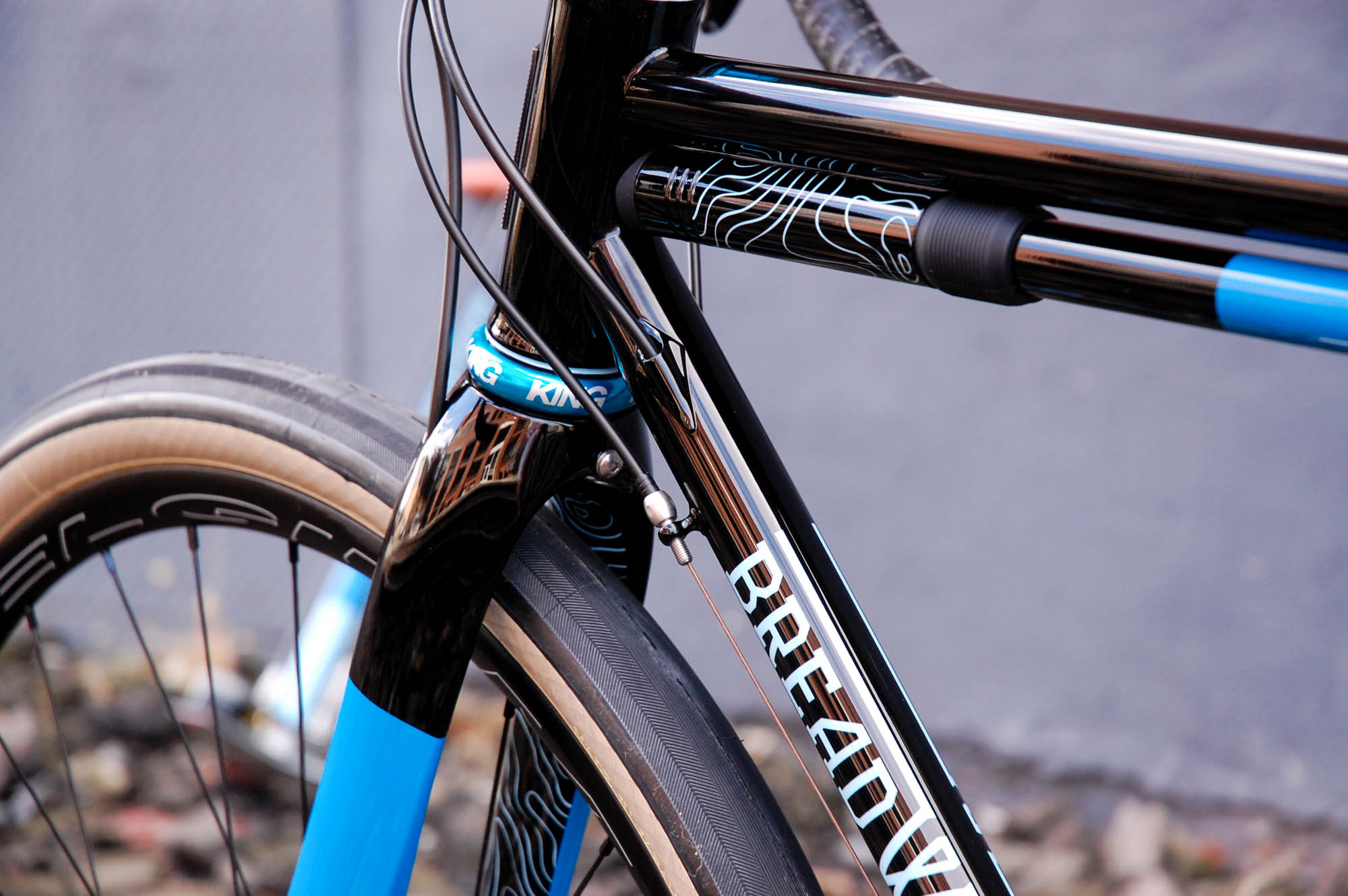 Classy internal brake lines, Paragon Barrel adjusters make sure the cables and lines are properly routed on the downtube. 